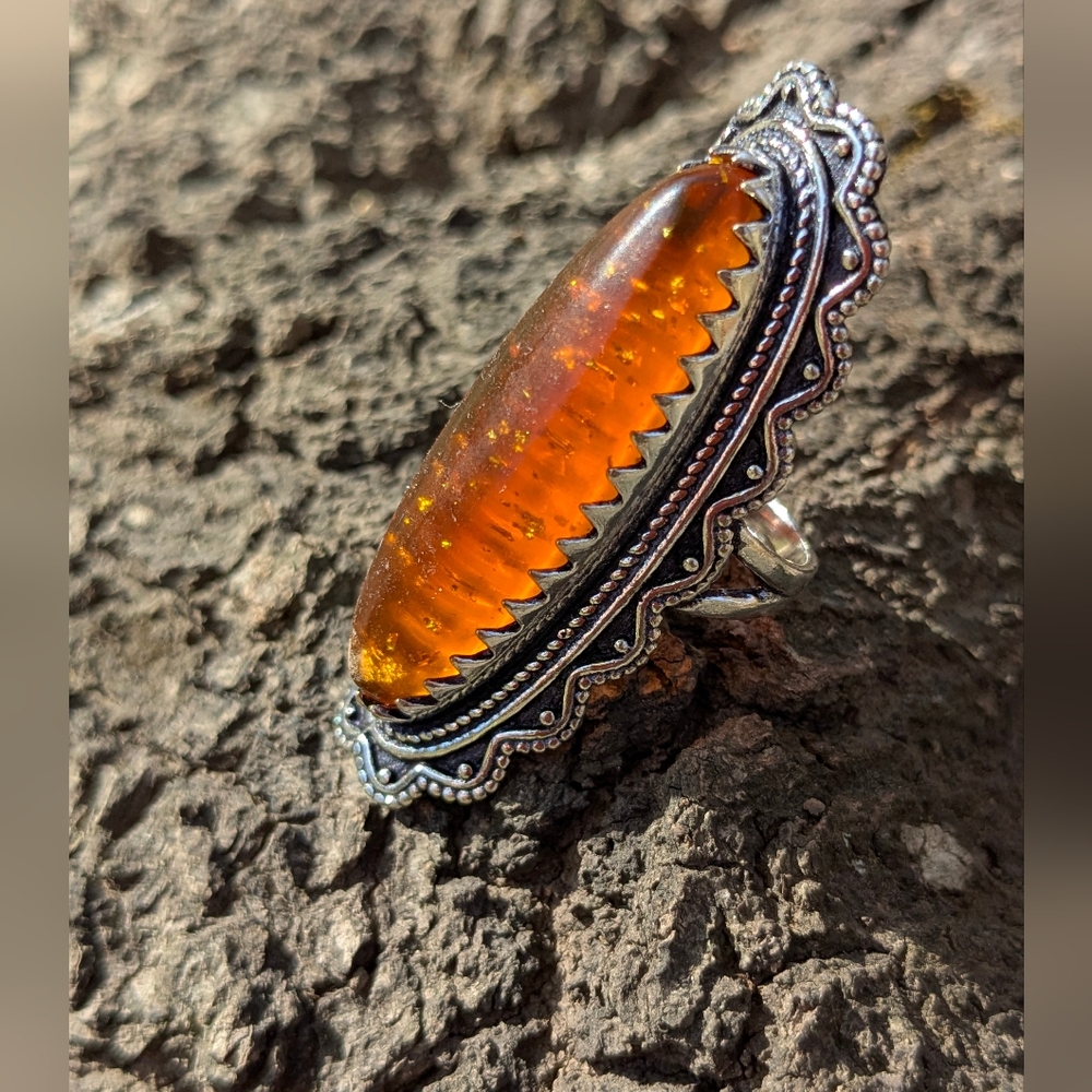 Handcrafted Ladies Golden Amber Full Finger Ring (6.25) - Picture 9 of 13
